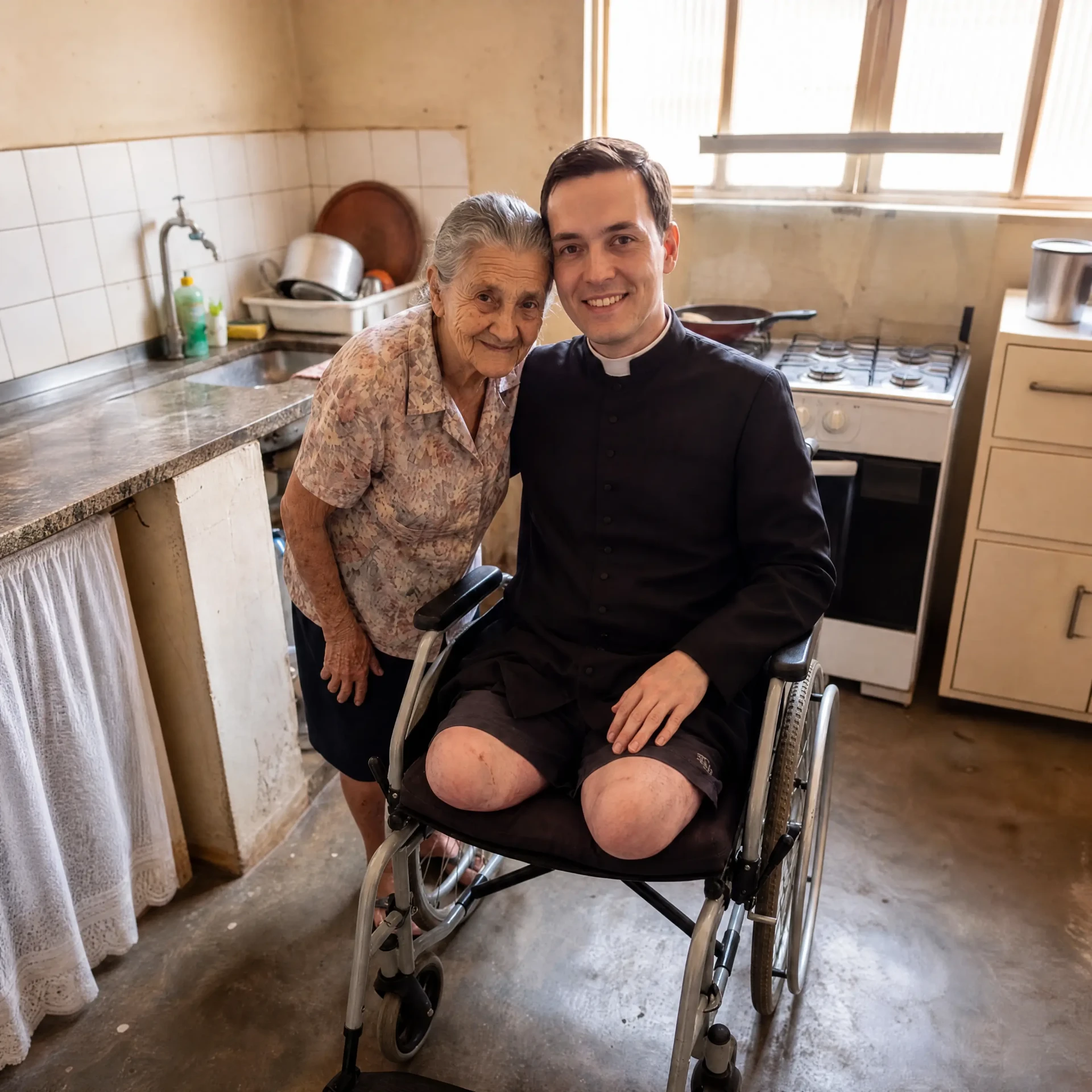 Dona Lourdes ao lado do Padre Mateus na casa paroquial